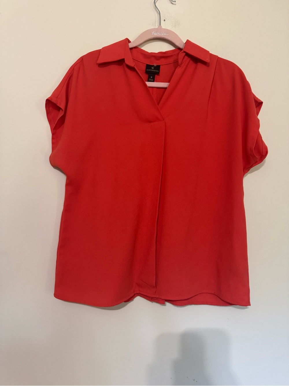Worthington Red V-Neck Short Sleeve Collared Blouse
